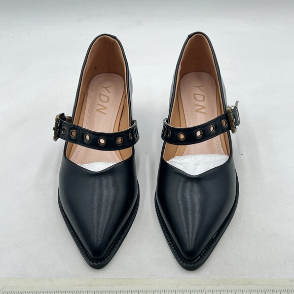 YDN Black Pointed Toe Mary Jane Chunky Heels Loafers Hollow Buckle Pumps - Picture 3 of 8